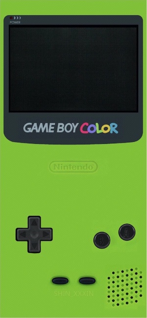 A full-screen vertical illustration of a lime green Nintendo Game Boy Color handheld console, featuring the screen, buttons, and speaker holes.