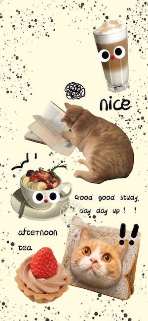 Collage artistique pour téléphone avec un chat roux lisant un livre, une tarte aux fraises, un café latte et du texte de motivation sur fond crème.