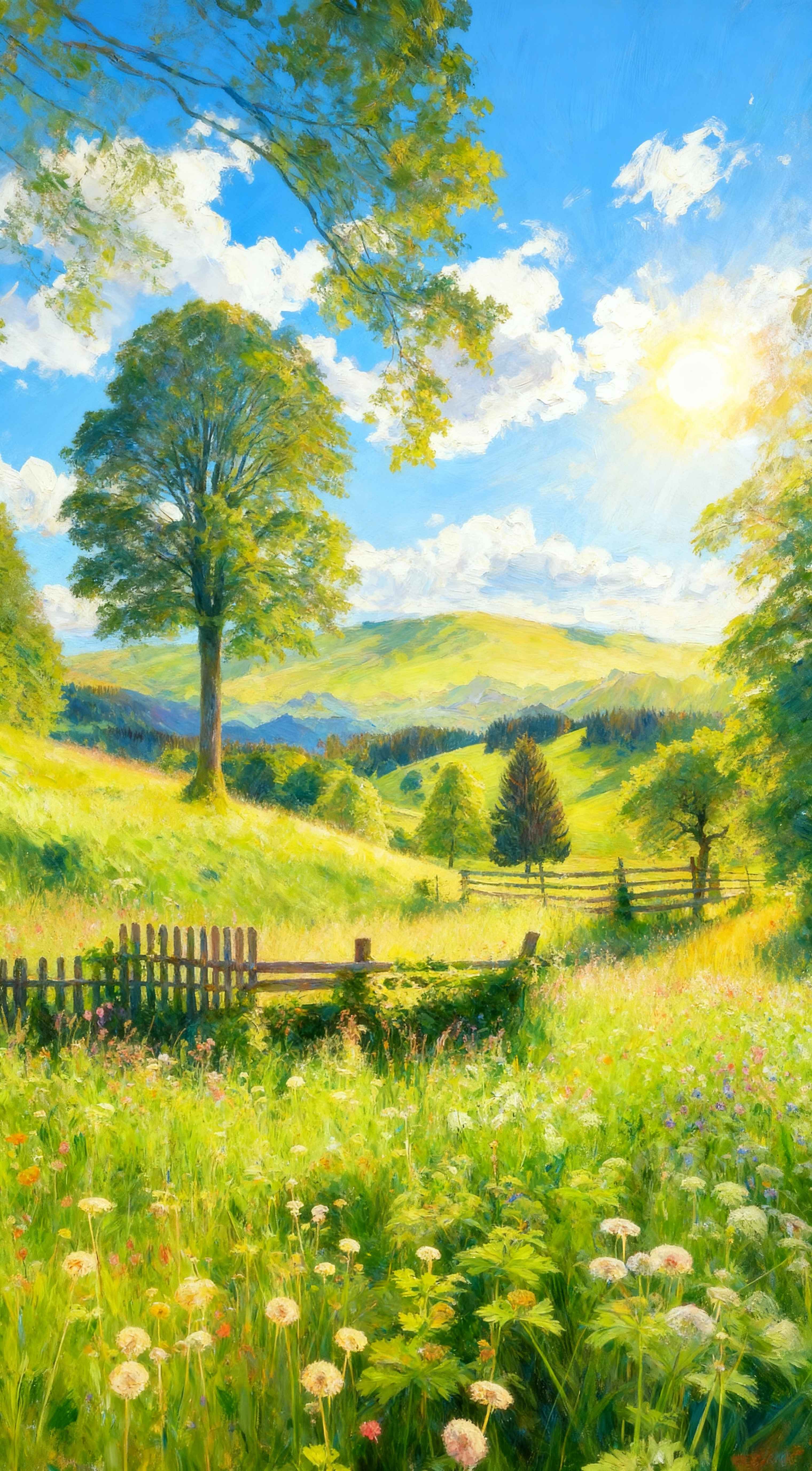 Impressionist oil painting of a sun-drenched green meadow with wildflowers, a wooden fence, and mountains under a blue sky.