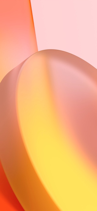 Abstract 3D fluid curves in peach, yellow, and orange gradients with soft shadows.
