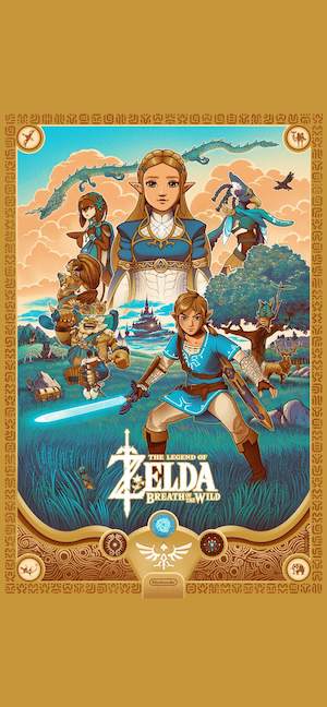 薩爾達傳說曠野之息的高清插畫，展示了林克、薩爾達和四位英傑的海報風格桌布。