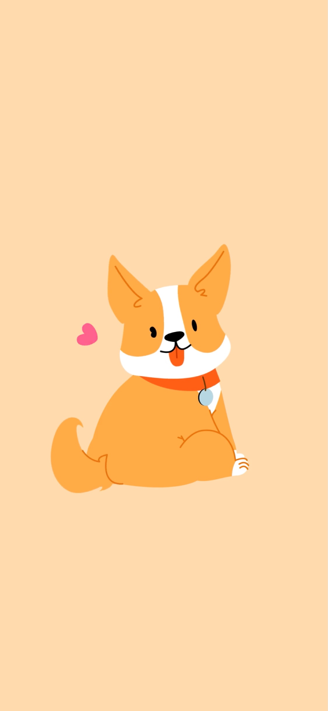 Animated illustration of a cute Corgi puppy with a wagging tail and a floating heart on a soft peach background.