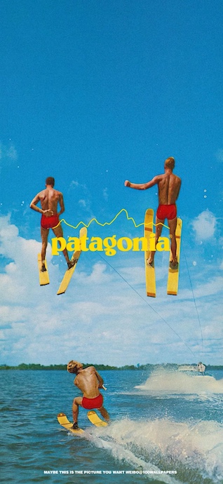A vintage-style collage of three men water skiing in red trunks with yellow skis against a bright blue sky, featuring a prominent yellow Patagonia logo.