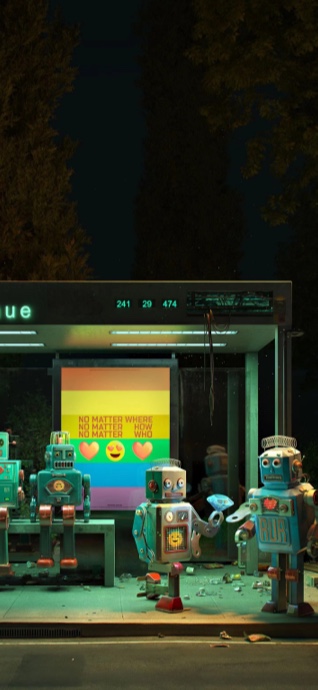 Des robots jouets rétro rassemblés à un arrêt de bus la nuit devant une affiche colorée célébrant la diversité.