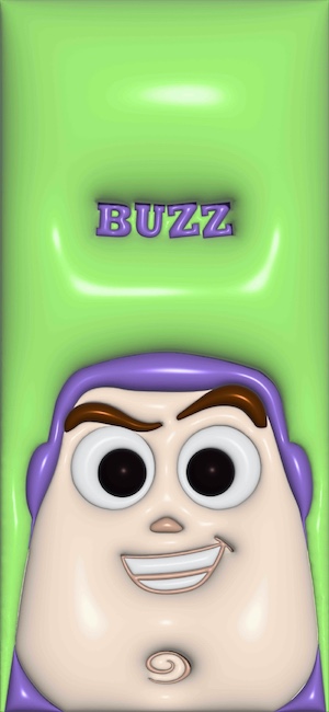 3D-Relief von Buzz Lightyear auf lindgrünem Hintergrund mit violettem BUZZ-Schriftzug.