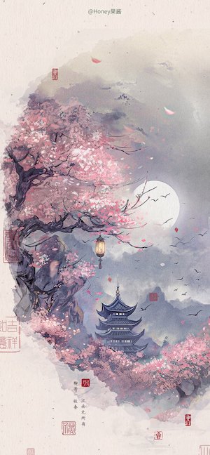 밤하늘 보름달과 벚꽃, 그리고 전통적인 동양의 탑이 그려진 서정적인 수채화 풍경.