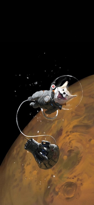 Ein süßer Corgi im Raumanzug, der über dem Planeten Mars im Weltraum schwebt.