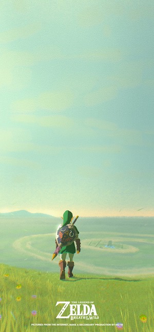 Link from Legend of Zelda Breath of the Wild standing on a lush green hill overlooking a spiral landmark under a bright pastel sky.