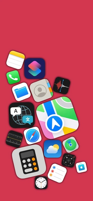 赤い背景に、計算機やマップ、時計などのiOS風アプリアイコンが散らばって落ちている様子のスマホ壁紙。