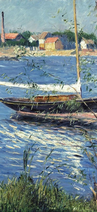 An impressionist oil painting of a blue river with a sailboat in the foreground and a sunlit village with a factory chimney in the background.