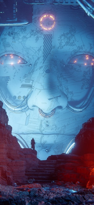 A colossal mechanical face with glowing orange eyes and a circuit-patterned surface looms over a small human silhouette on a rocky cliff under blue and red lighting.