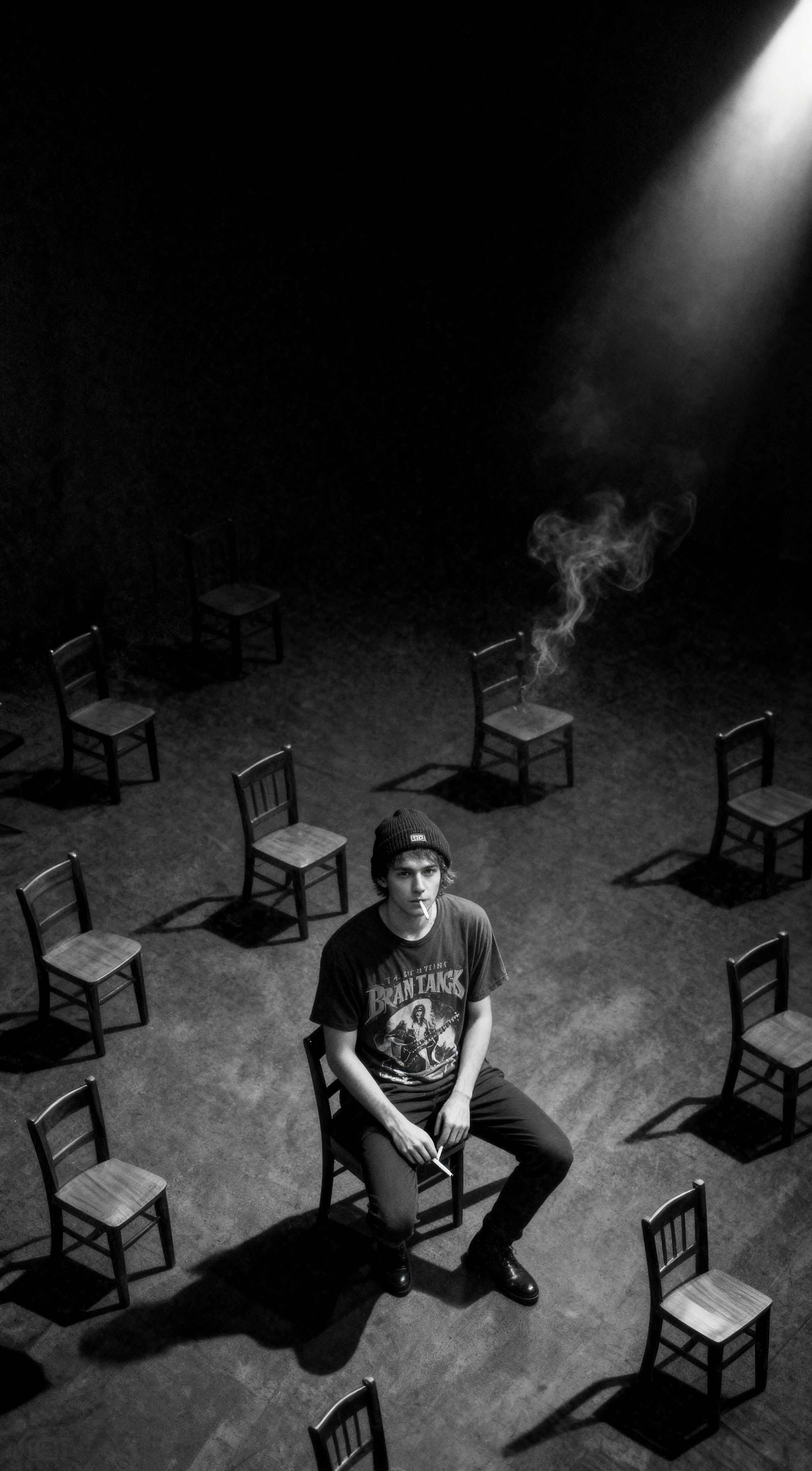 Black and white photo of a man sitting on a chair among empty chairs with smoke and a spotlight in a dark room.
