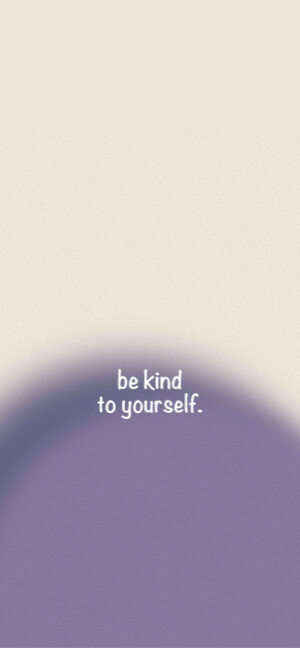 A minimalist mobile wallpaper featuring the text 'be kind to yourself' in white lowercase font over a blurry purple aura gradient and a cream textured background.