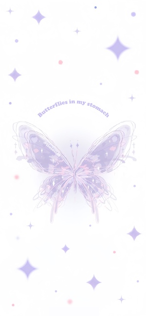 A soft purple sketch-style butterfly centered on a white background, surrounded by purple sparkles and the text 'Butterflies in my stomach' arched above it.