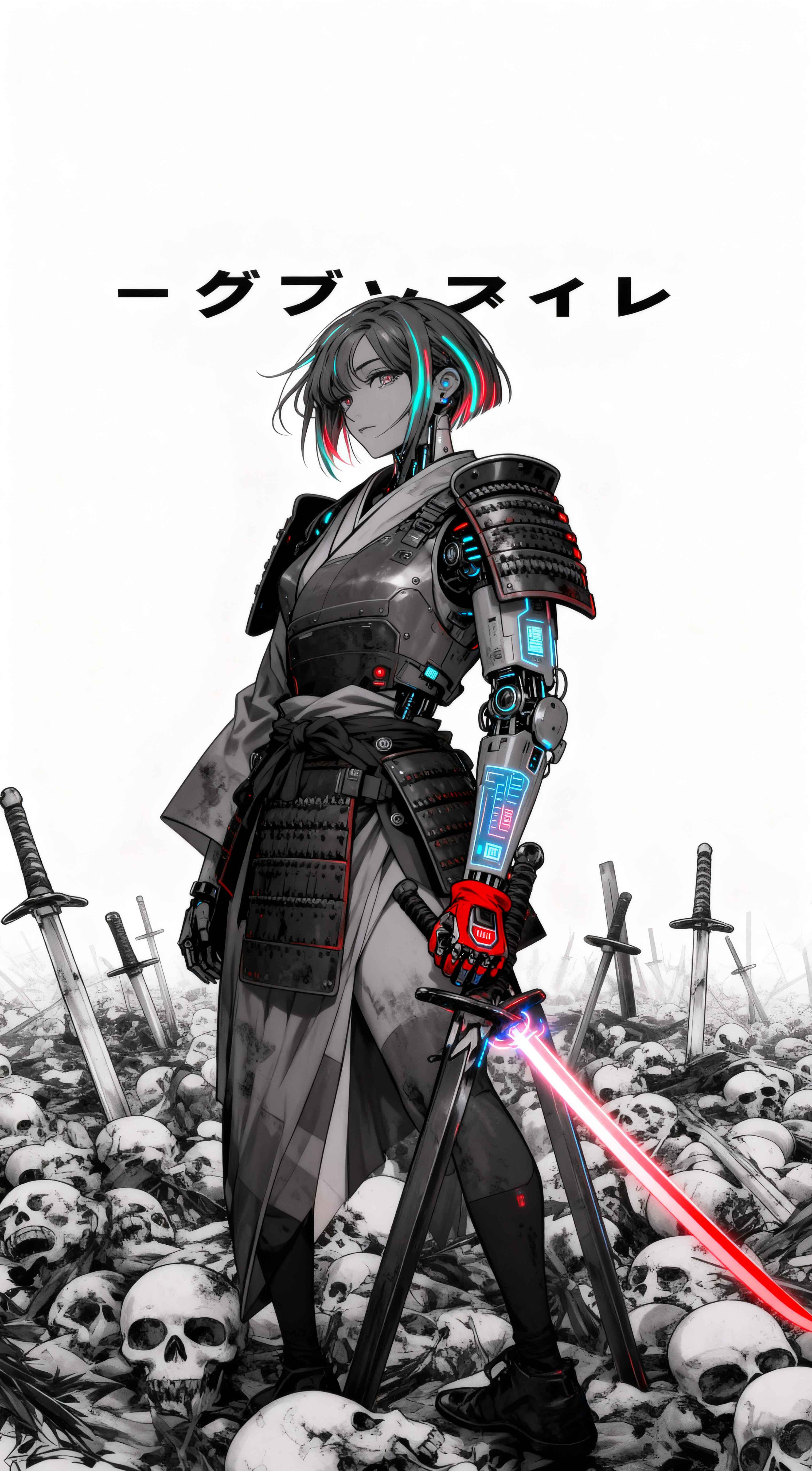 Cyberpunk anime girl samurai with a mechanical arm holding a glowing red katana on a field of skulls.