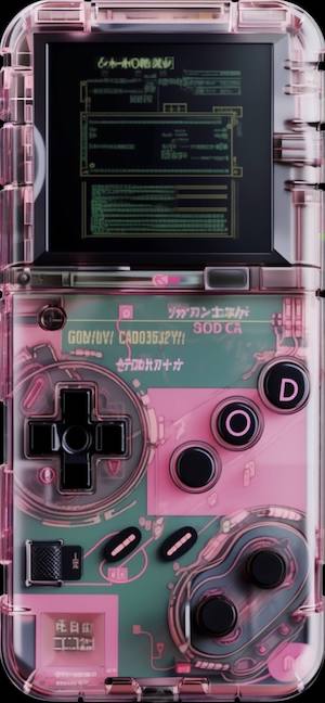 내부 부품이 보이는 투명한 핑크색 레트로 휴대용 게임기. 화면에는 초록색 디지털 텍스트가 표시되어 있음.