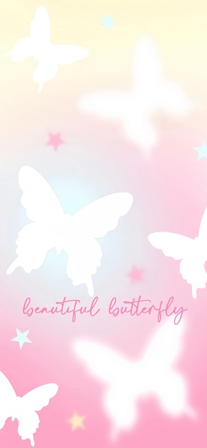 粉色與黃色漸層背景的手機桌布，帶有白色蝴蝶剪影、星星和手寫體文字。