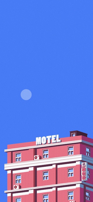 A minimalist flat-design illustration of a pink brick motel building with a white 'MOTEL' sign against a clear blue sky and a pale moon.