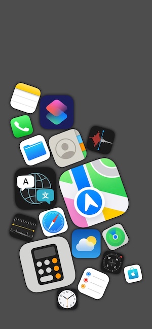 Fondo de pantalla móvil con iconos de aplicaciones iOS esparcidos sobre un fondo gris oscuro mate.