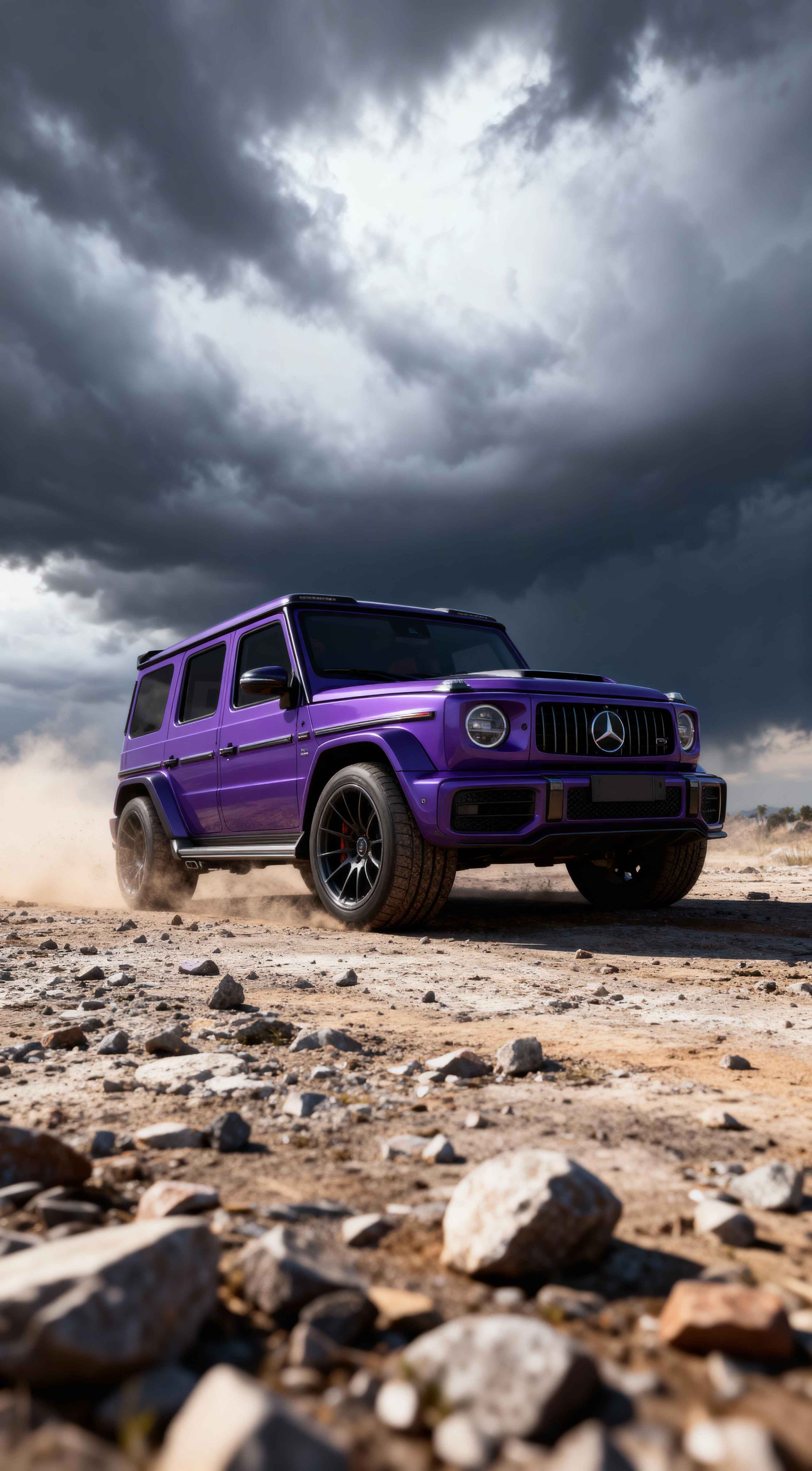Purple Mercedes G-Wagon driving off-road on rocky terrain with dust trails under dark, dramatic storm clouds.