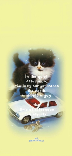 A fluffy black and white tuxedo kitten standing on a small vintage white toy car with a pale yellow background and a poetic quote about a quiet afternoon.
