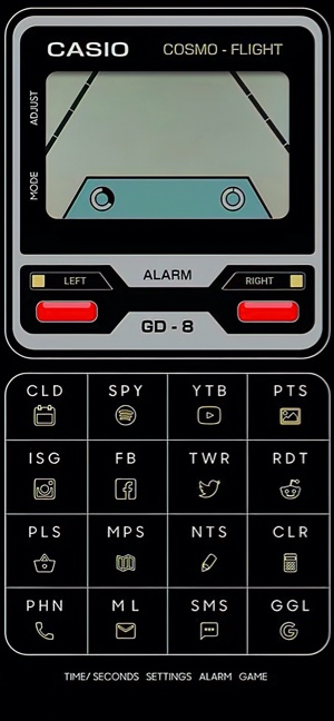 A smartphone wallpaper designed to look like a vintage Casio GD-8 Cosmo Flight handheld game watch. It features a top LCD screen and a bottom grid of app icons on a black background.
