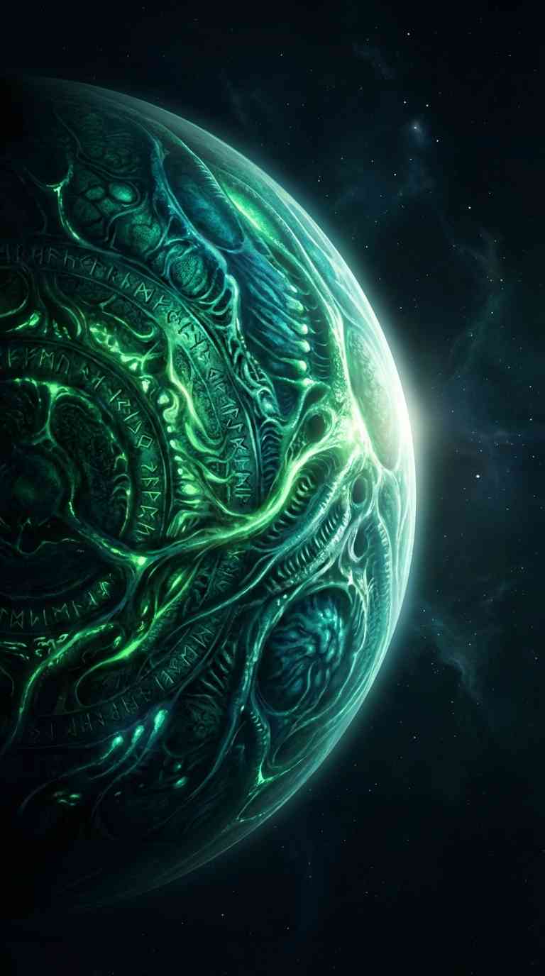 A bioluminescent green bio-mechanical planet with ancient runes and organic textures in dark outer space.