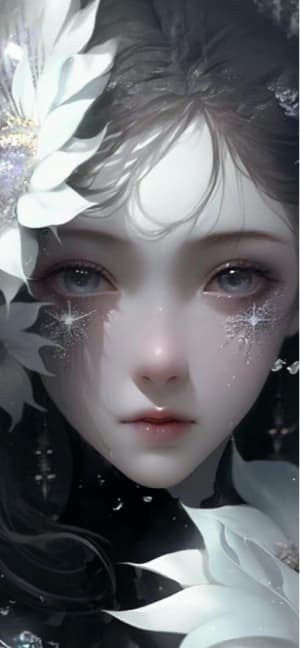 A close-up digital illustration of a pale-skinned girl with large grey eyes, shimmering star makeup, and white flowers in her hair.