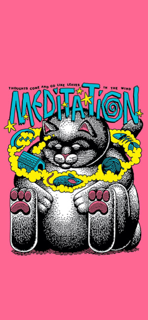 Ilustración de un gato gris meditando sobre fondo rosa con texto azul que dice MEDITATION y nubes amarillas con pensamientos.