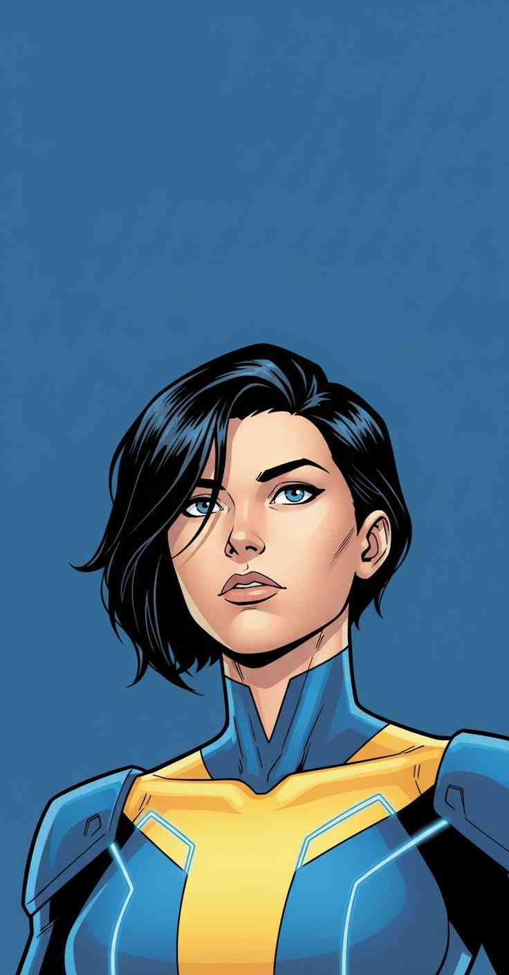 Comic art of Pharah from Overwatch with short black hair wearing a blue and yellow armored suit against a blue background.