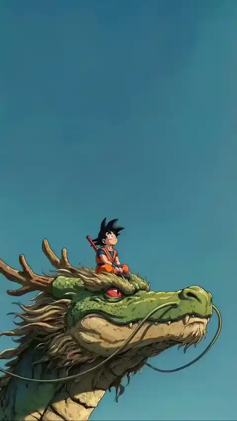 Animated illustration of Kid Goku sitting on the head of the green dragon Shenron from Dragon Ball, set against a clear blue sky.