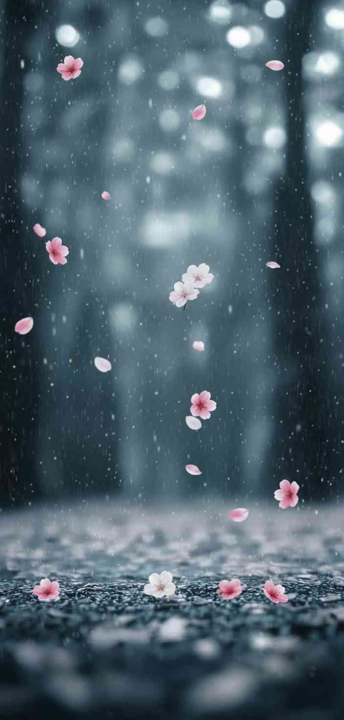 Pink cherry blossom petals falling through dark rain with soft bokeh lighting and a wet pavement foreground.