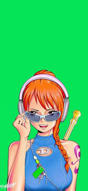Nami von One Piece mit blauem Oberteil, Sonnenbrille und silbernen Kopfhörern auf einem kräftigen grünen Hintergrund.