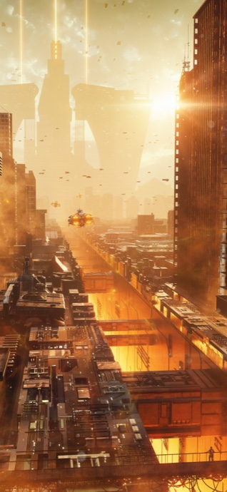Une illustration numérique d'une immense ville futuriste dorée avec des structures industrielles et des vaisseaux spatiaux dans une brume orange.