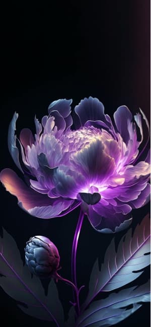 A bioluminescent purple peony flower glowing against a black background with stylized sharp leaves in a vertical mobile format.