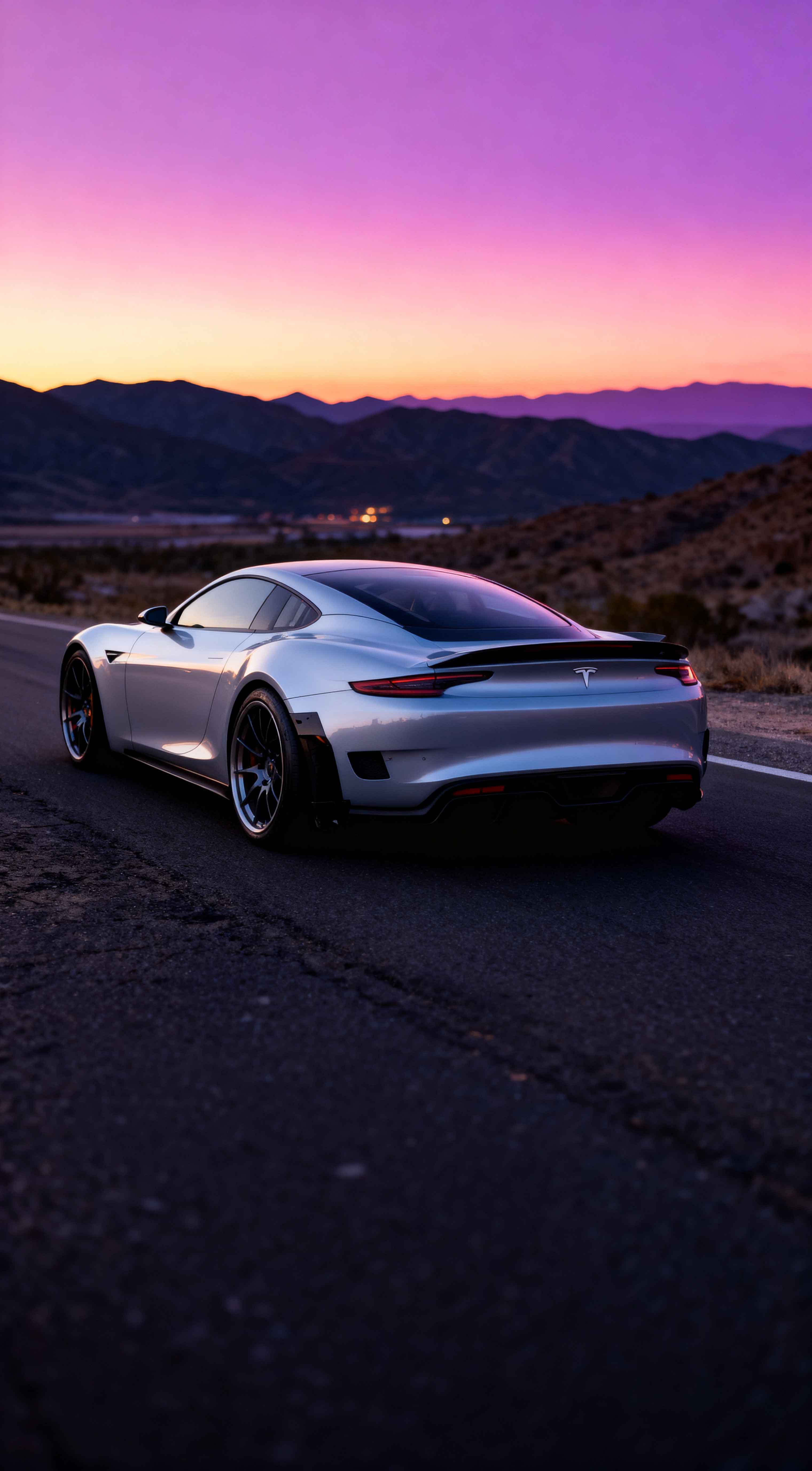 Silver Tesla Roadster on a desert road during a vibrant purple and orange sunset with mountains in the background.