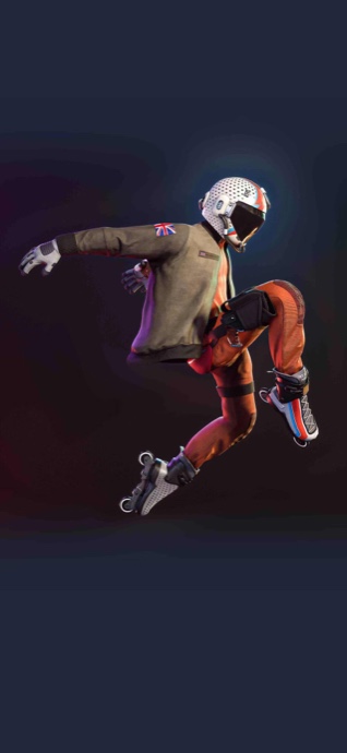 Un personnage en 3D portant un casque de vol futuriste et des rollers, effectuant un saut dynamique sur un fond sombre dégradé.