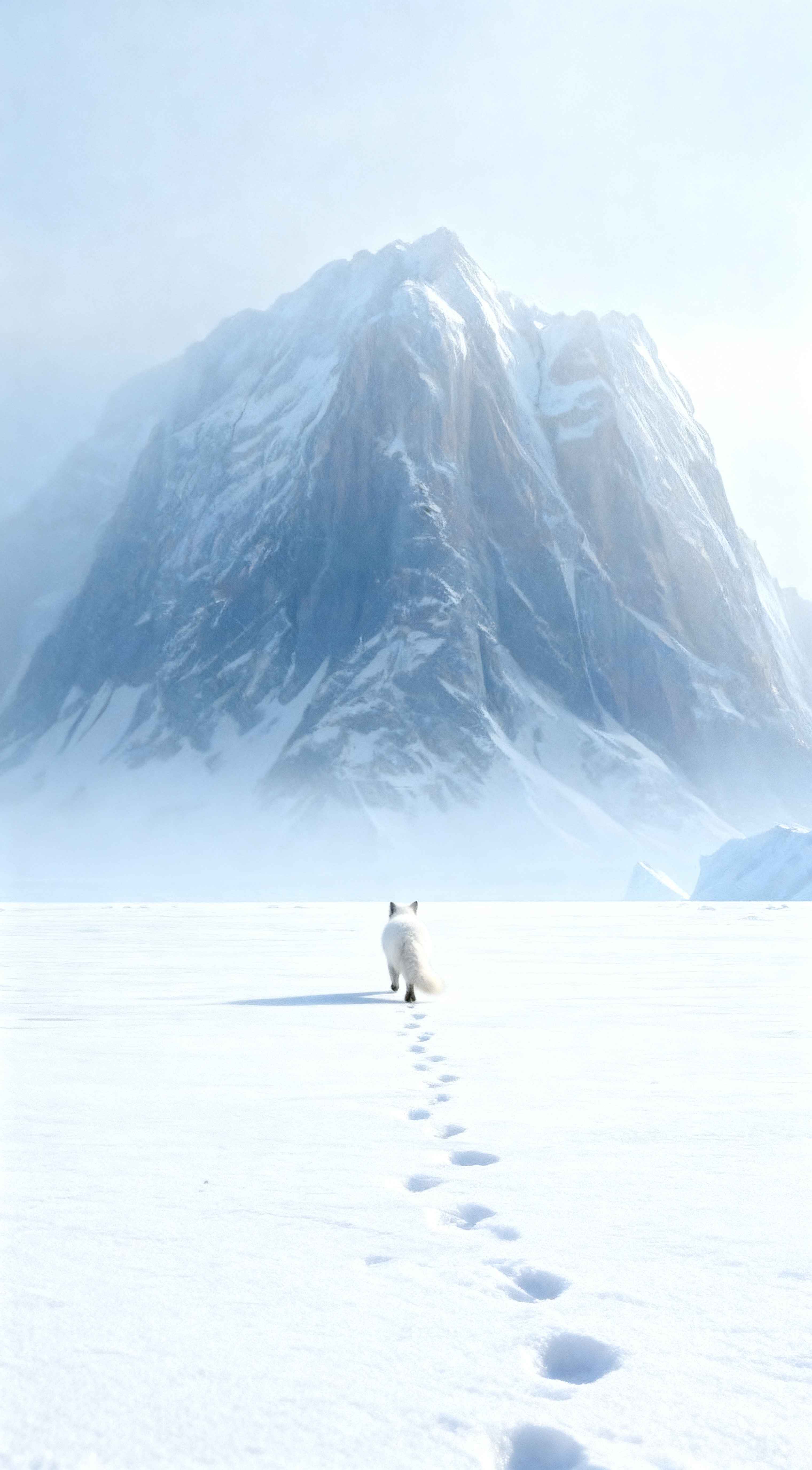 A white Arctic fox walks across snowy ground leaving paw prints toward a giant misty mountain in winter.