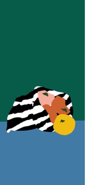 一張抽象插畫，綠色與藍色背景，中間有黑白條紋布料、橘子與檸檬。