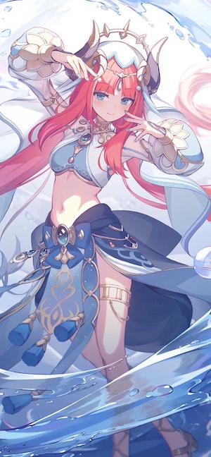 Anime illustration of Nilou from Genshin Impact dancing with water swirls, wearing a white and blue outfit with red hair.