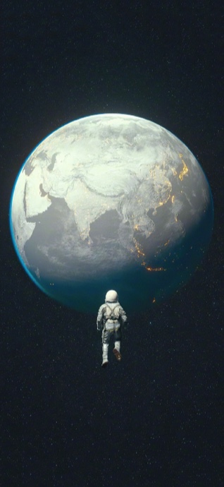 An astronaut in a white suit floating in dark space with a large view of Earth showing Asia and city lights.