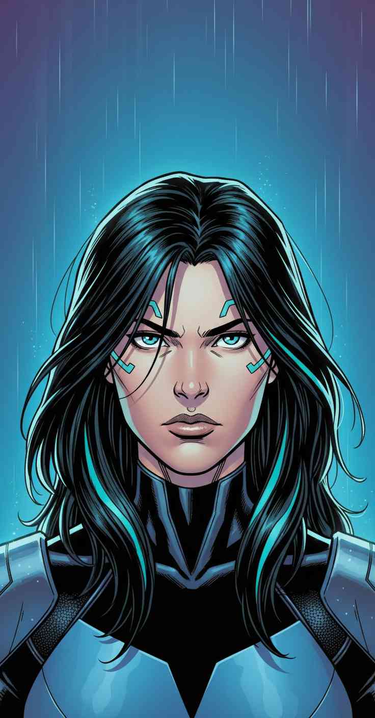 Female Nightwing with glowing teal markings and blue superhero suit in a moody rain setting.