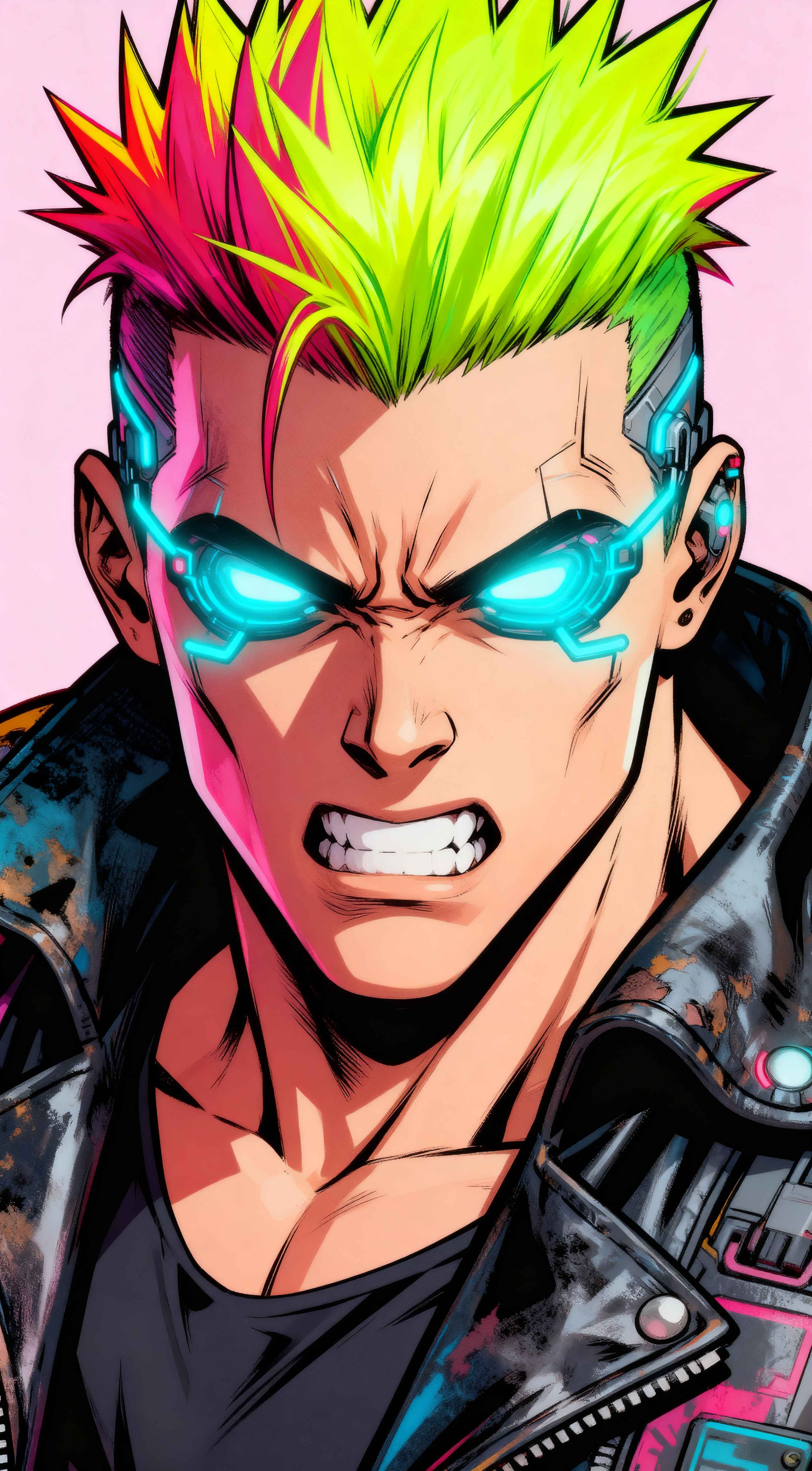 Anime man with spiky neon green and pink hair, glowing blue cybernetic eyes, and an intense expression in cyberpunk style.