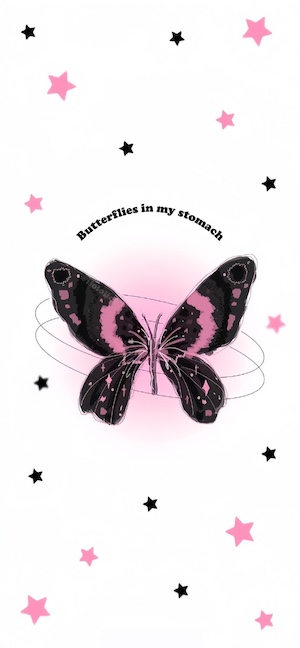 An aesthetic illustration of a black and pink butterfly centered on a white background with scattered pink and black stars and curved text reading 'Butterflies in my stomach'.