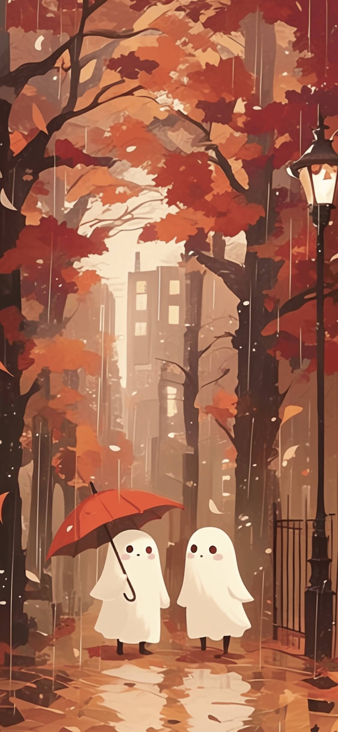 Two cute minimalist white ghosts standing under a red umbrella in a rainy autumn city street with orange maple leaves and a street lamp.