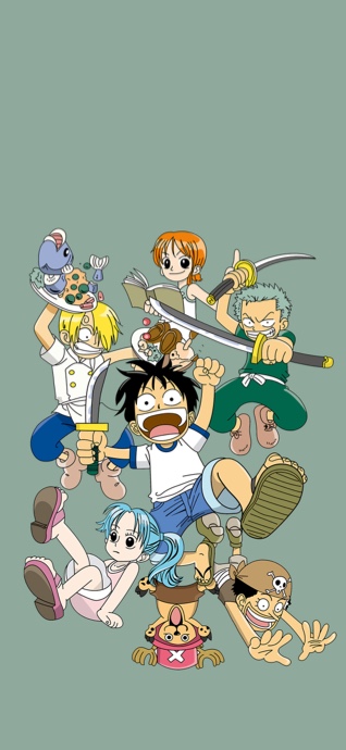 緑の背景にルフィ、ゾロ、ナミ、サンジ、ウソップ、チョッパー、ビビのちびキャラが描かれたイラスト。