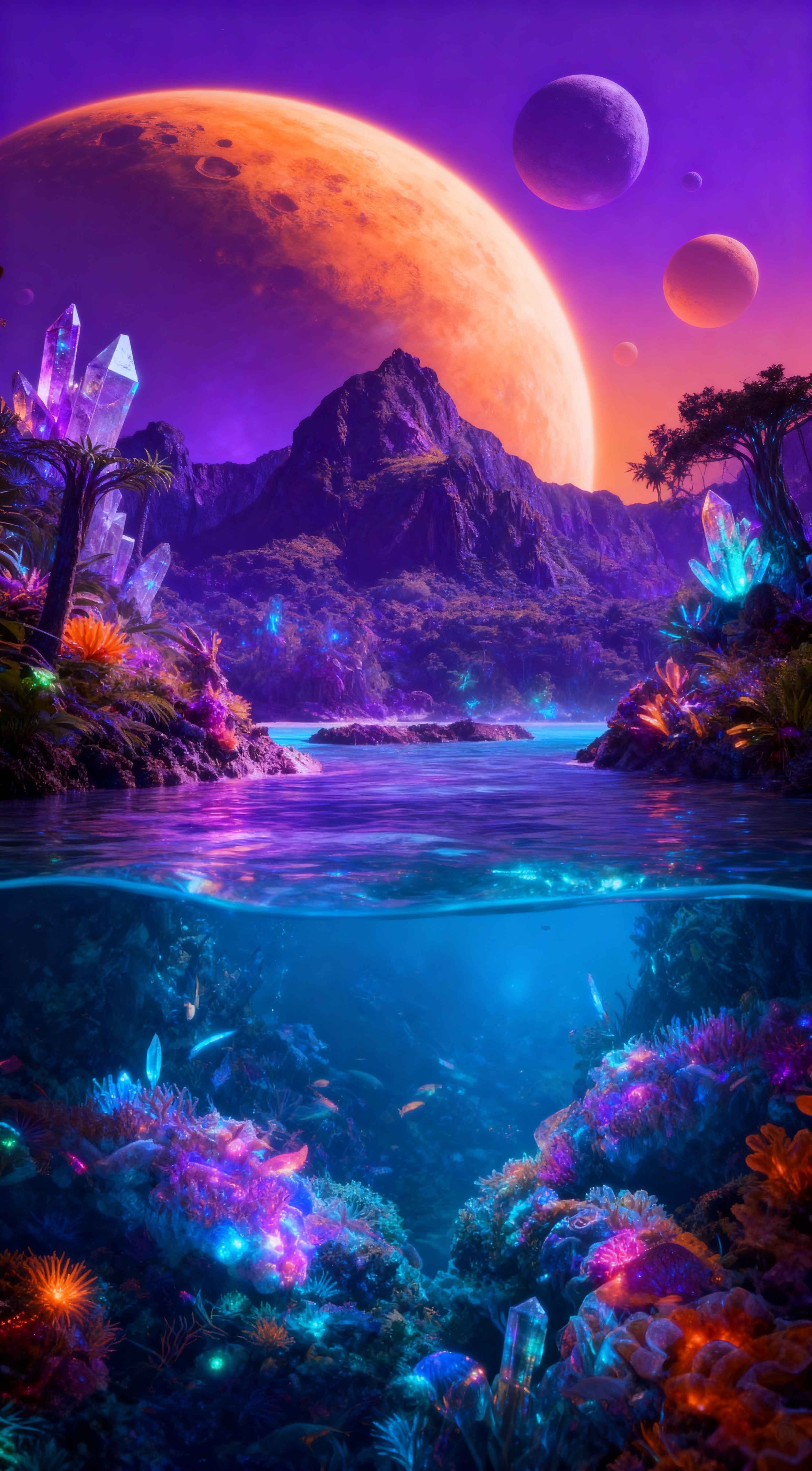 Split view of an alien planet with orange moons above purple mountains and glowing bioluminescent coral underwater.