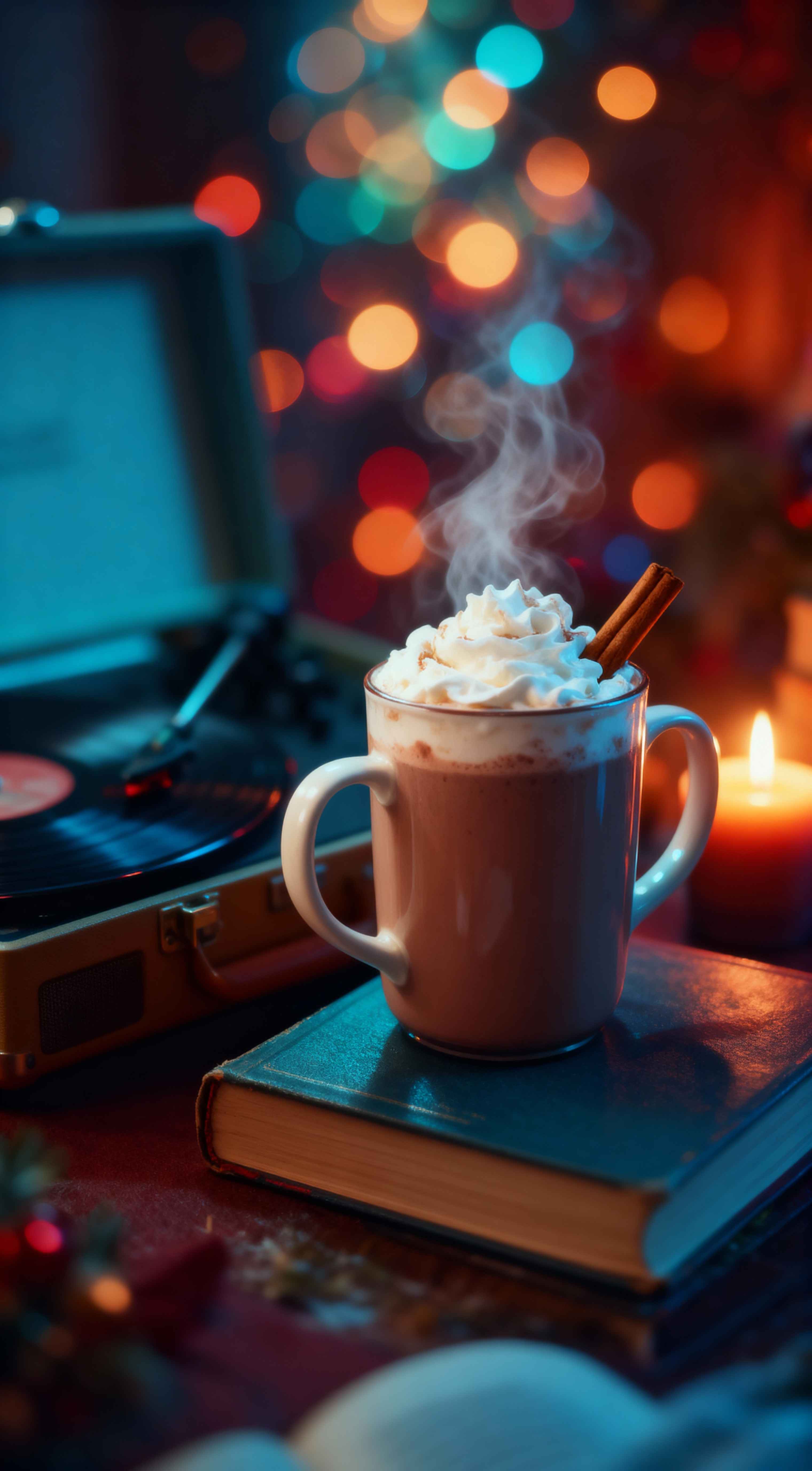 Steaming hot chocolate with whipped cream on a book, vintage record player and Christmas bokeh lights background.