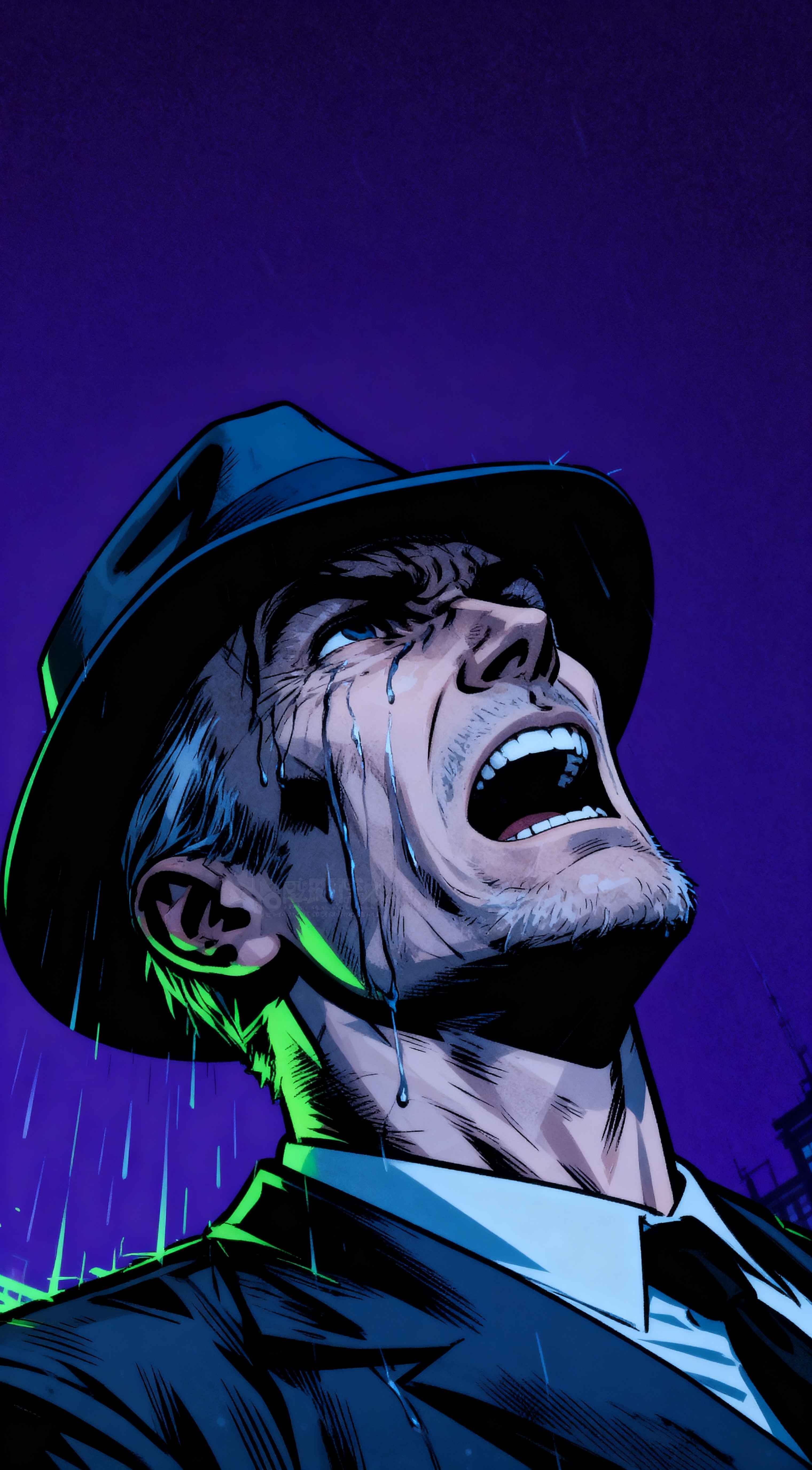 Comic art of a man in a fedora screaming in the rain with blue and neon green lighting highlights.