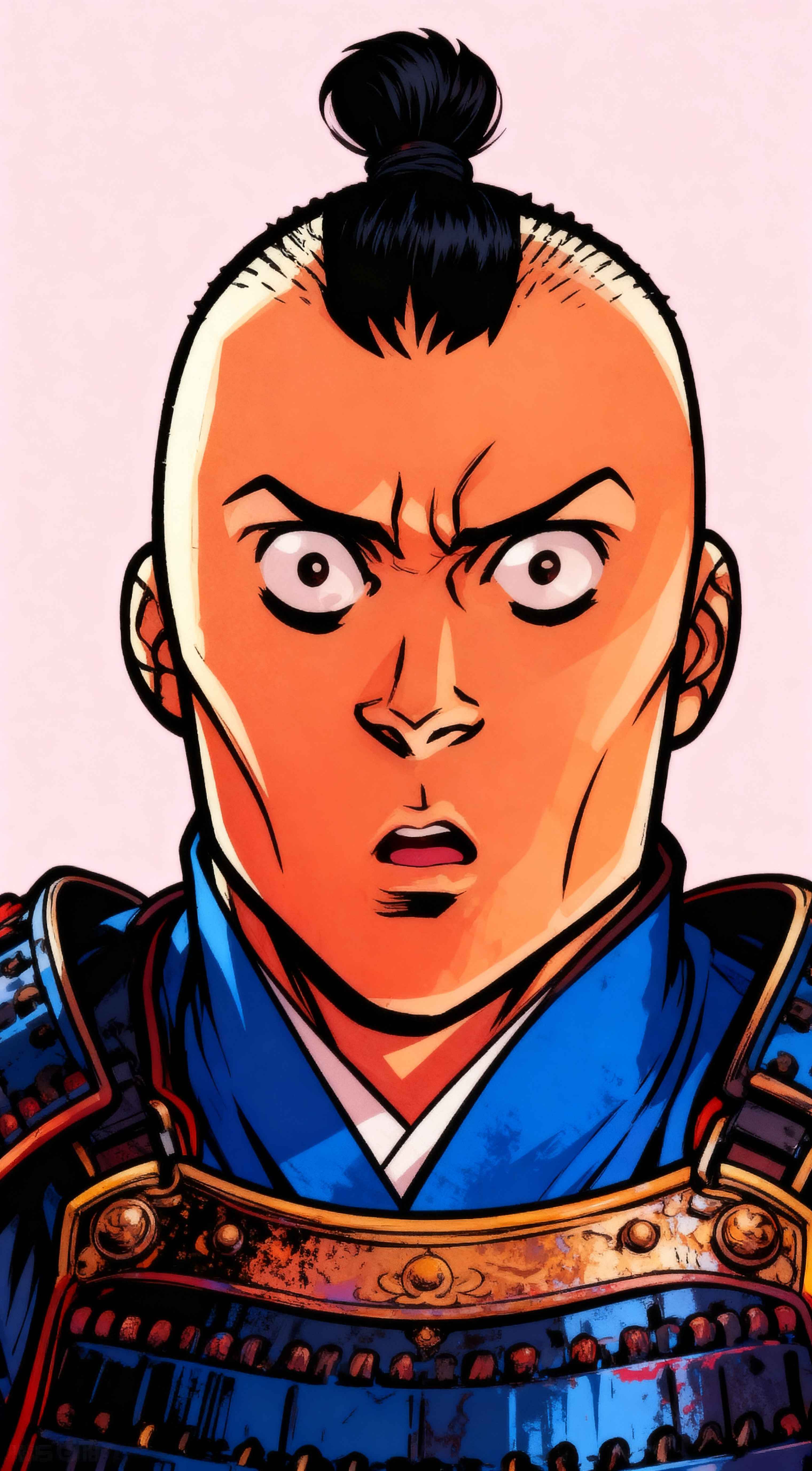 Anime illustration of Kozuki Momonosuke with a shocked expression, wearing blue samurai armor and a black topknot.